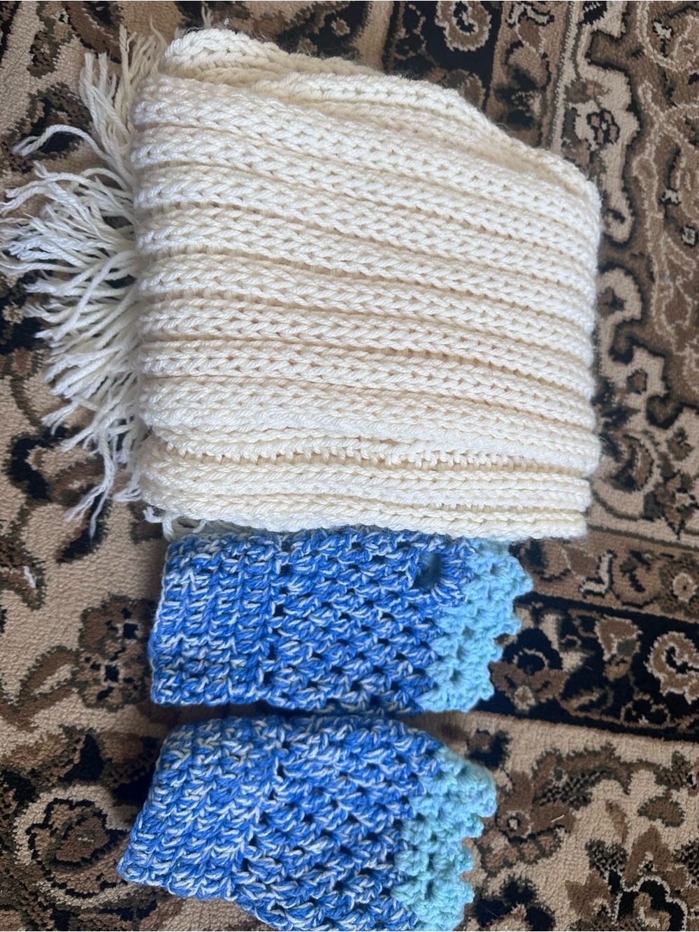 Handcrafted Cream Scarf & Blue Fingerless Mittens Set